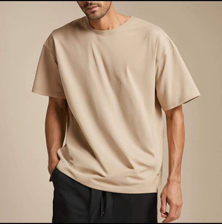 Beige Drop Shoulder Short Sleeve T-Shirt – Oversized Streetwear for Men & Women.