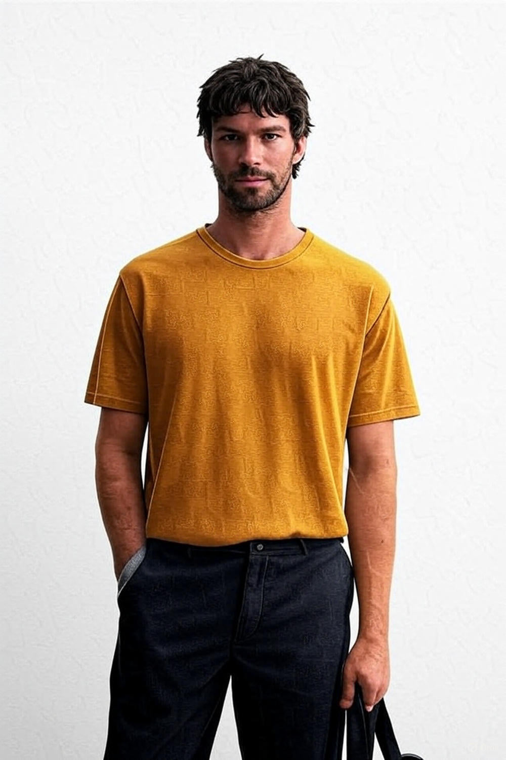 Man wearing a mustard yellow t-shirt and dark pants against a white background
