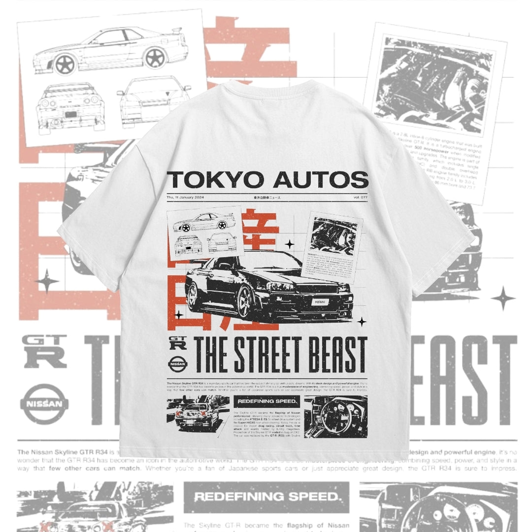 White Oversized JDM Car T-Shirts | Nissan GT-R R34 | Premium 170 GSM