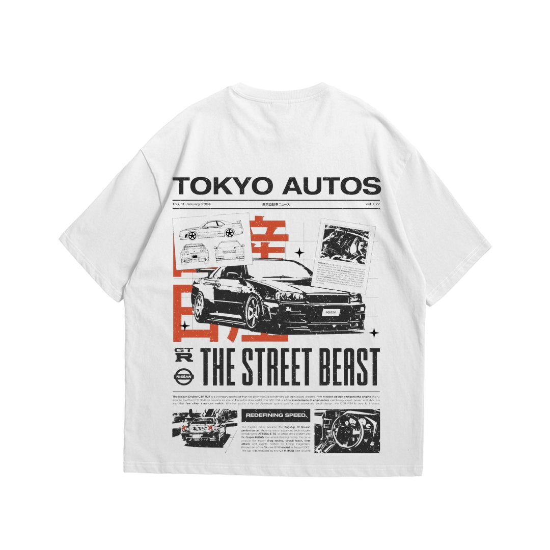 White Oversized JDM Car T-Shirts | Nissan GT-R R34 | Premium 170 GSM